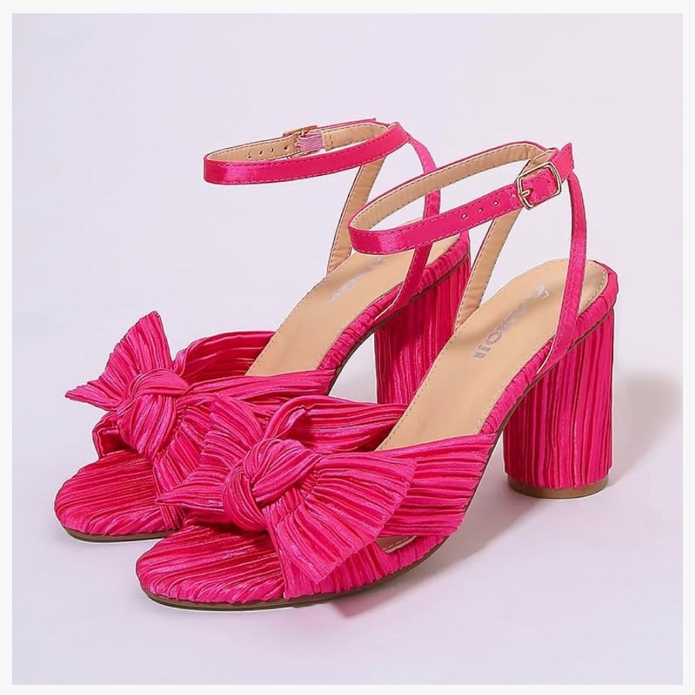 Amoji Women's Satin Block Heeled 3 Inch-4 Inch Sandal Bowknot Pleated Ankle